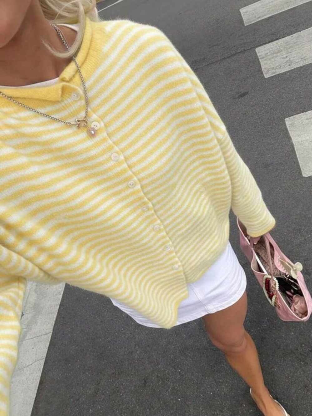 NWT Shein Loose Striped Knit Cardigan Sweater Yellow White Size Small